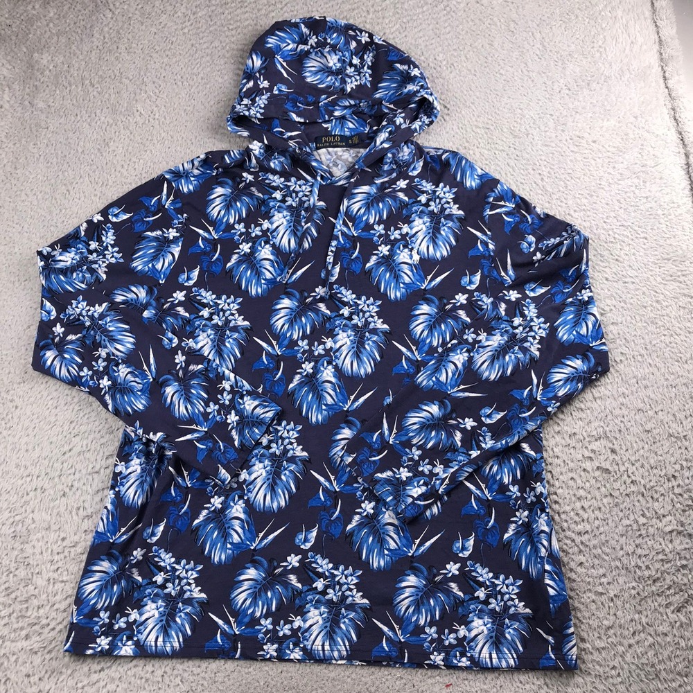 Polo Ralph Lauren Hooded T-Shirt Mens XL Blue Tropical Floral Palm Print Hoodie